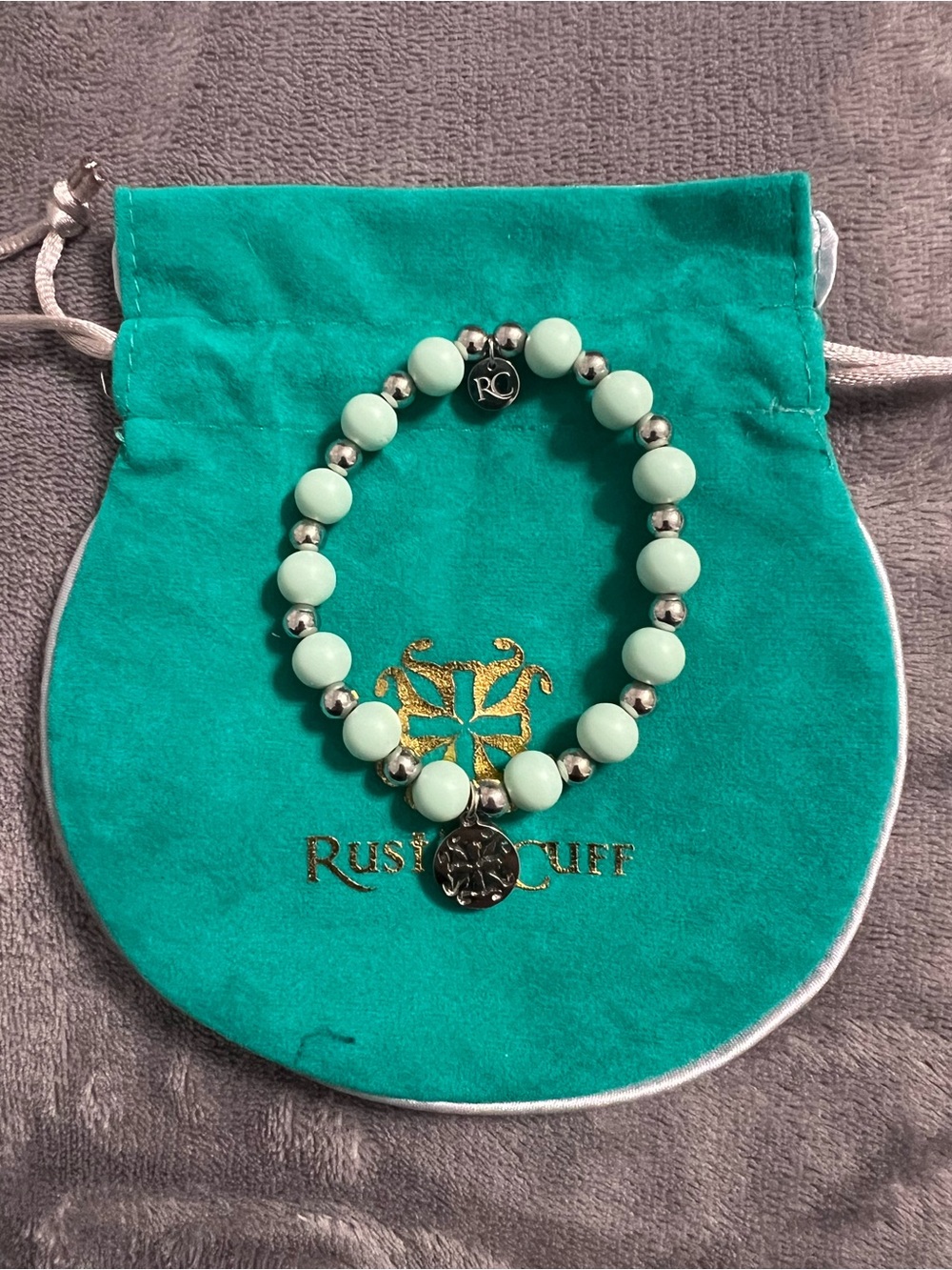 Rustic Cuff Mint Green Bracelet with Logo Charm